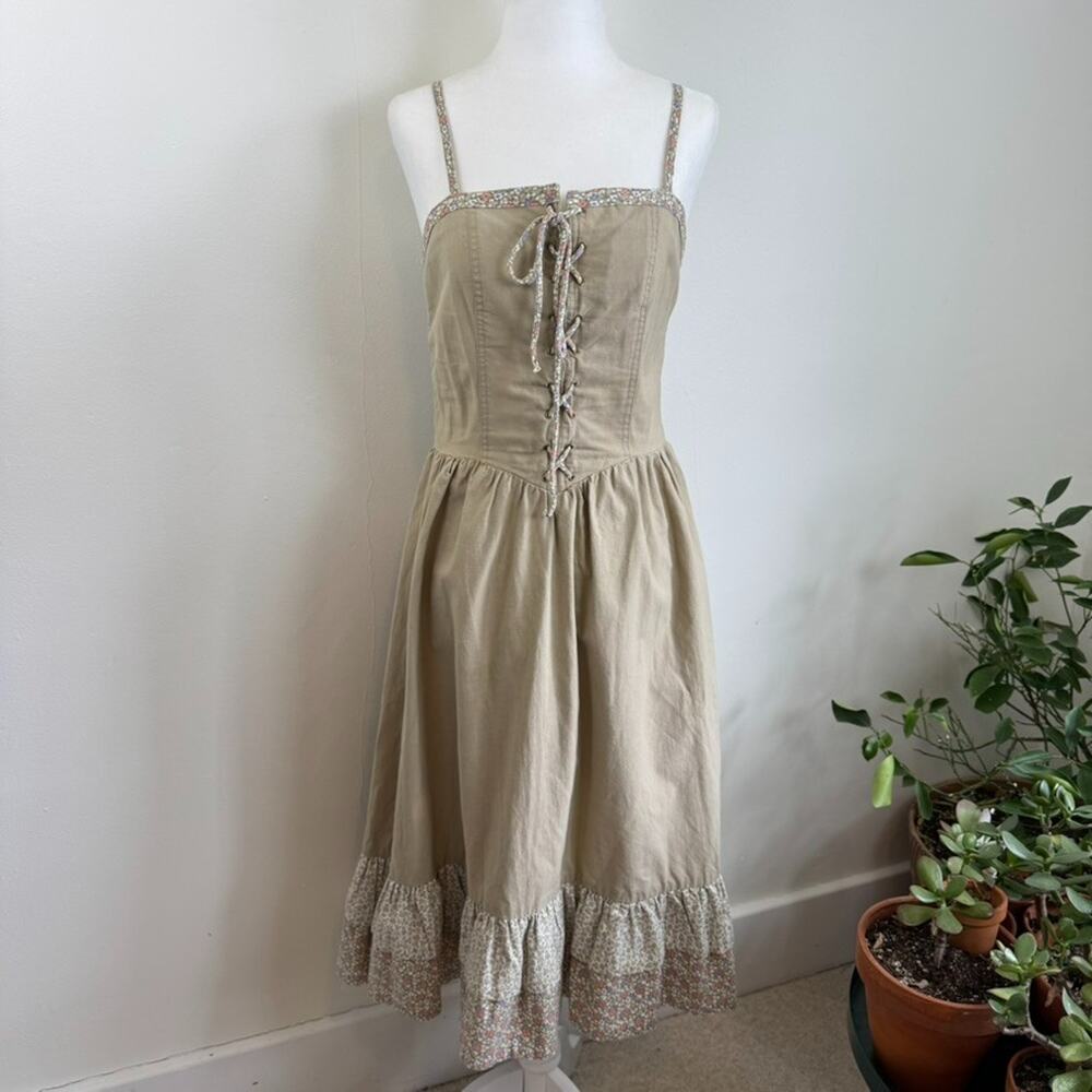 Vtg Floral Prairie Midi Dress S Tan Brown Milkmaid Lace Up Bodice Corset 70s